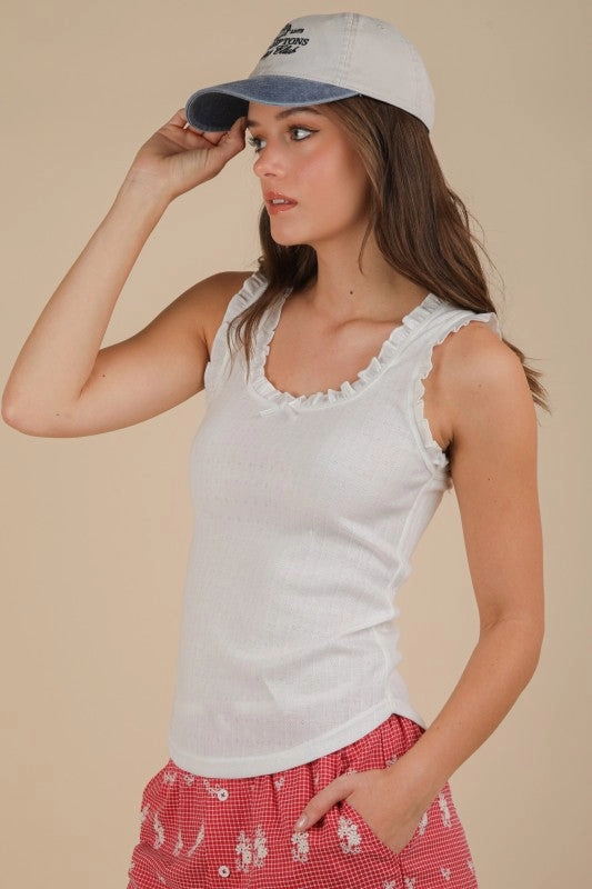 Jade Bow Trim Ruffled Knit Tank Top Basic Sweatshirt