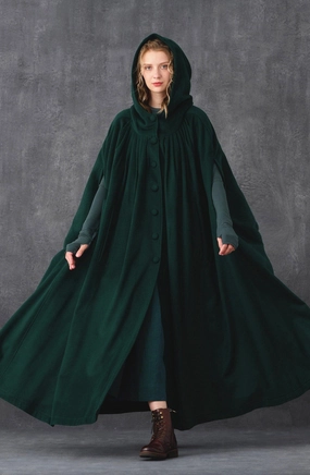 ARIEL 14 | HOODED WOOL CLOAK COAT Elastic Edging