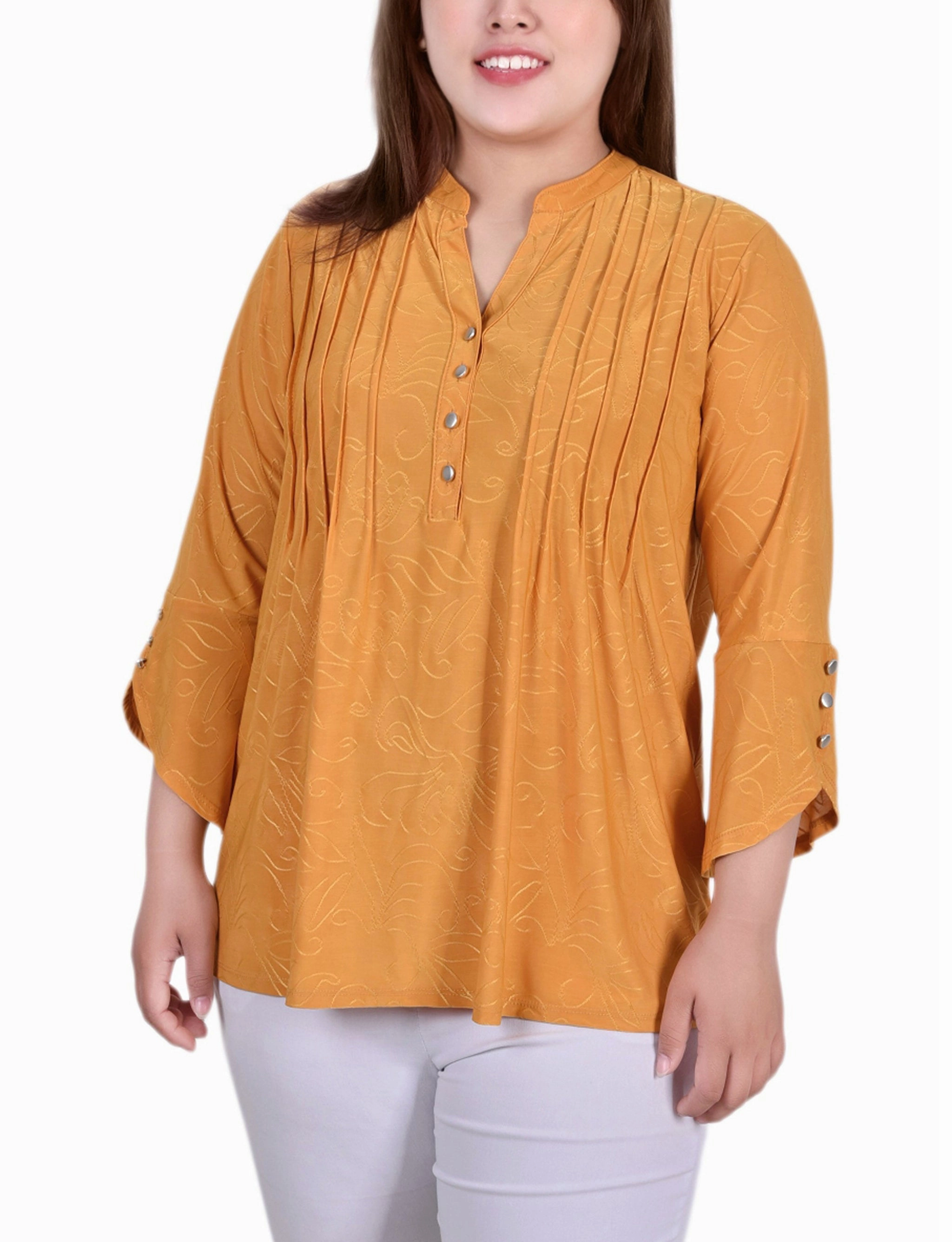 Plus Size 3/4 Sleeve Overlapped Bell Sleeve Y Neck Top Four Way Stretch Material SeamlessSidePanels