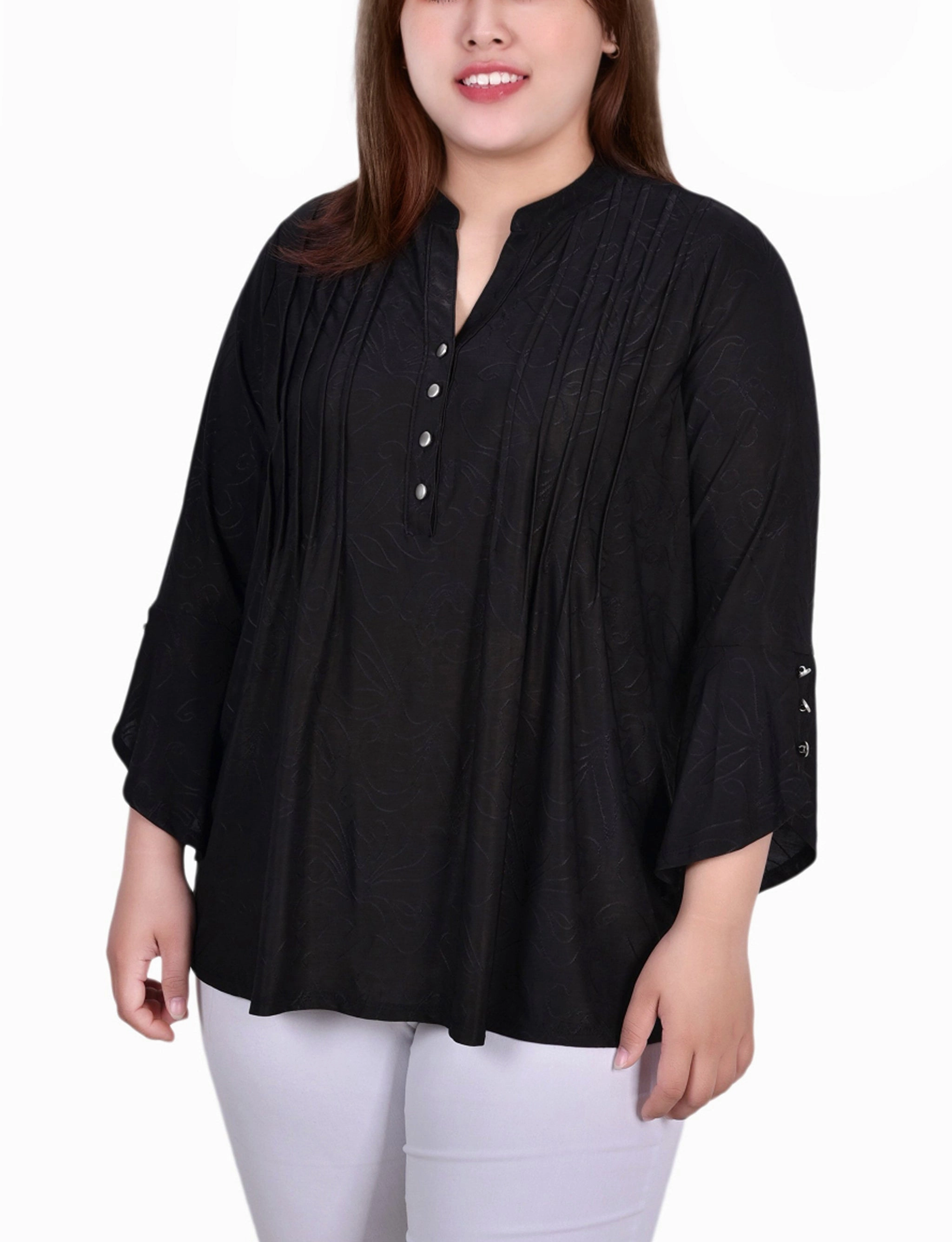 Office Wear Plus Size 3/4 Sleeve Overlapped Bell Sleeve Y Neck Top