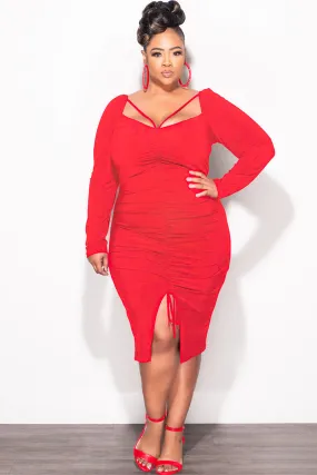 Final Sale Plus Size Long Sleeve Cutout Ruched BodyCon Dress with Front Slit in Red Casual Fit Design