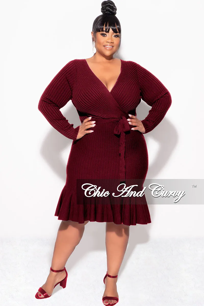 Tough Style Functional Design Final Sale Plus Size Faux Wrap Ribbed BodyCon Dress with Waist Tie and Bottom Ruffle in Burgundy