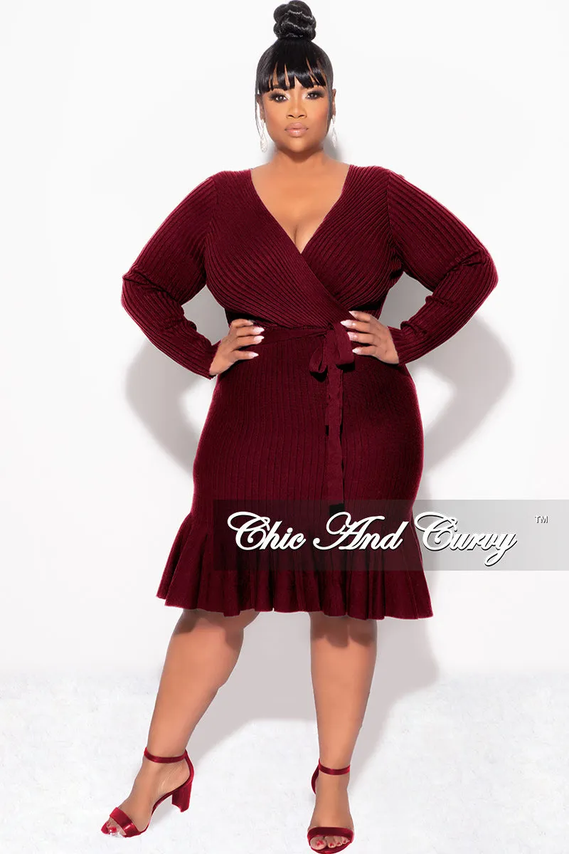 Flexible Material Final Sale Plus Size Faux Wrap Ribbed BodyCon Dress with Waist Tie and Bottom Ruffle in Burgundy