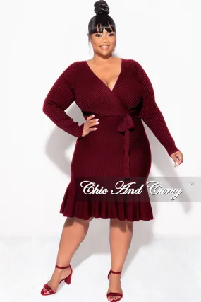 Final Sale Plus Size Faux Wrap Ribbed BodyCon Dress with Waist Tie and Bottom Ruffle in Burgundy Clean Fit High Rise