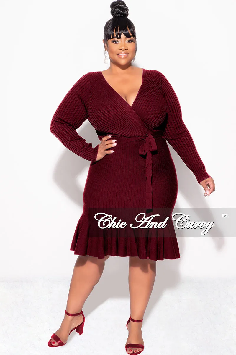 Final Sale Plus Size Faux Wrap Ribbed BodyCon Dress with Waist Tie and Bottom Ruffle in Burgundy Clean Fit High Rise