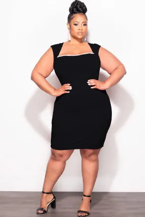 Final Sale Plus Size BodyCon Dress with Rhinestone Lined Bust and Wide Strap Mini Dress In Black All Use Flexible Comfort Wear