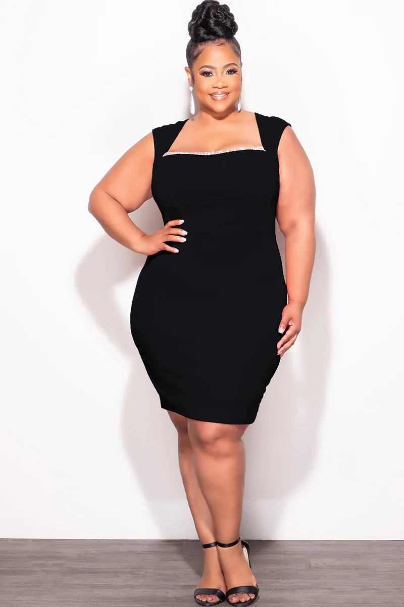 Final Sale Plus Size BodyCon Dress with Rhinestone Lined Bust and Wide Strap Mini Dress In Black Lightweight Flex Organic Cotton Blend