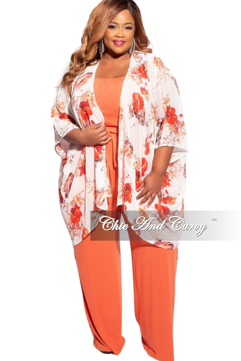 Loose cut Final Sale Plus Size 3/4 Sleeve Chiffon Duster in Ivory/Red & Orange Floral Print