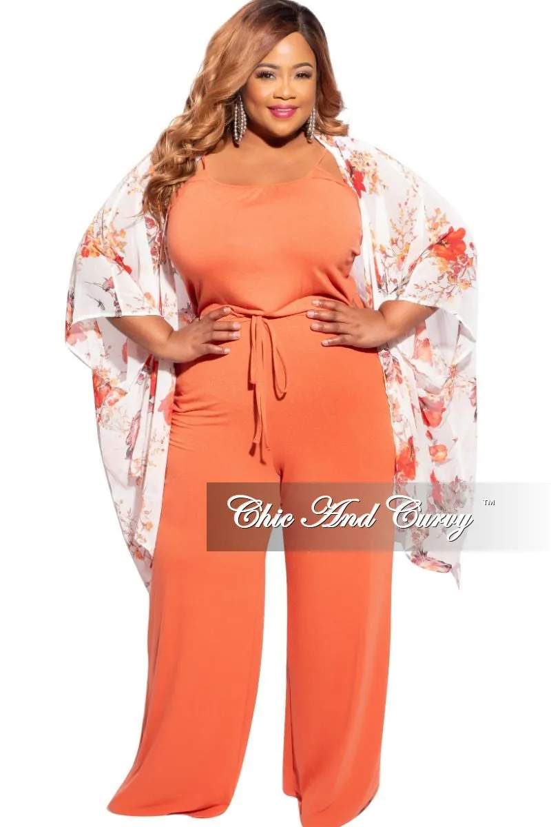Final Sale Plus Size 3/4 Sleeve Chiffon Duster in Ivory/Red & Orange Floral Print Breathable Wear Fit No Wrinkle
