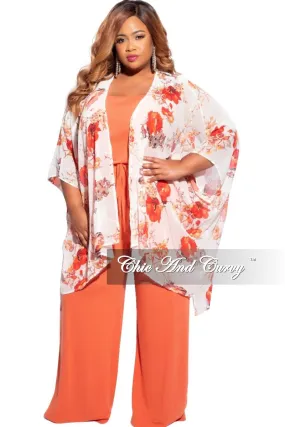Final Sale Plus Size 3/4 Sleeve Chiffon Duster in Ivory/Red & Orange Floral Print Layering Piece