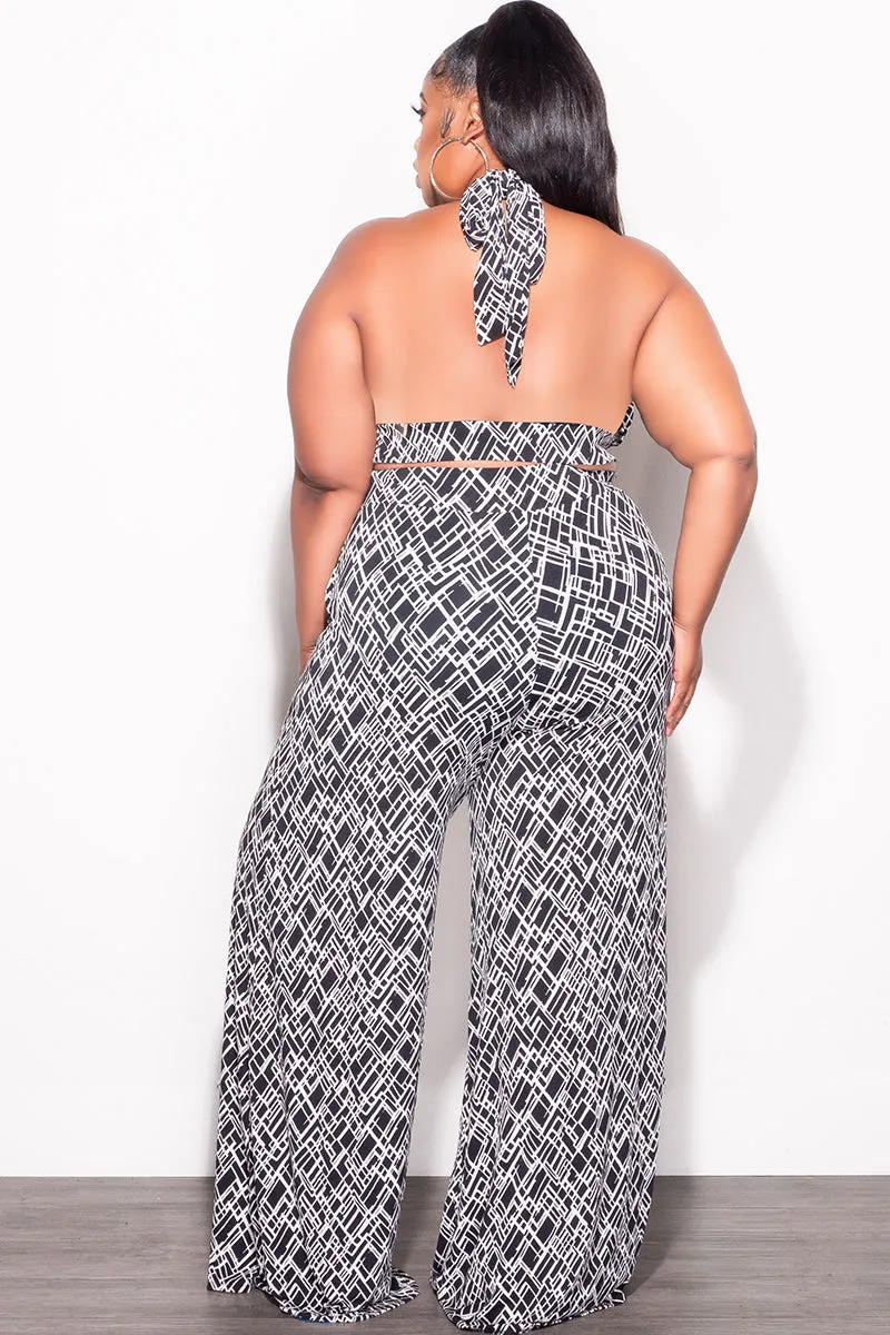 Anti Cling Finish Final Sale Plus Size 2pc Halter Bra Tie Top and Pants Set in Black & White Print