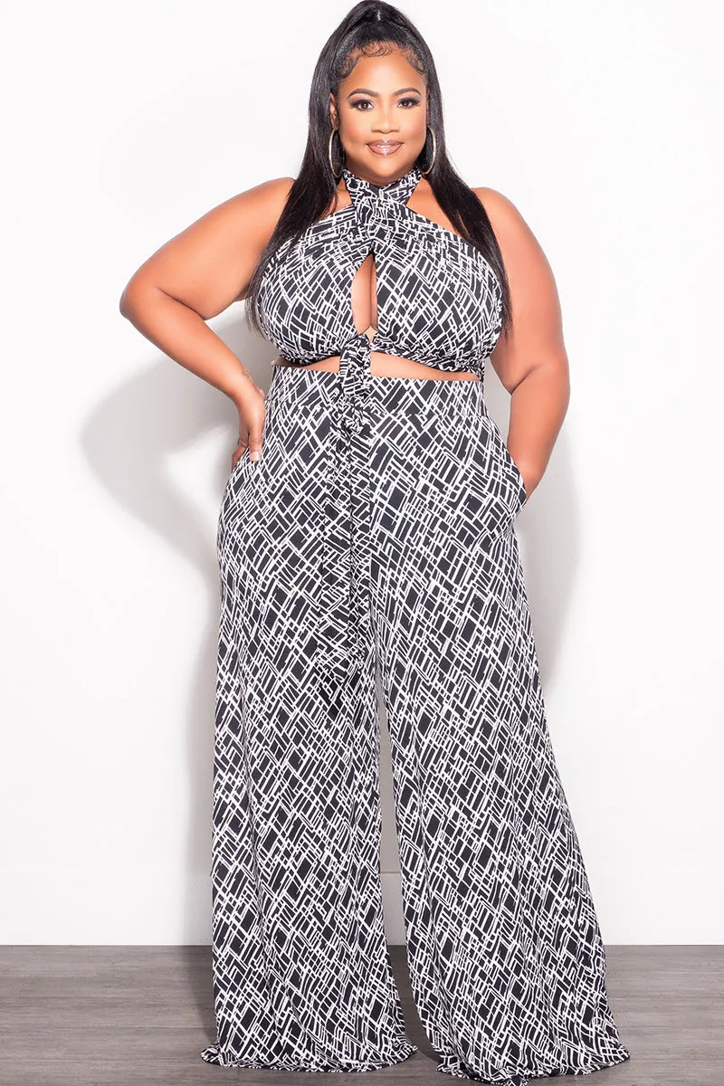 Convertible legs Light Fit Wear Final Sale Plus Size 2pc Halter Bra Tie Top and Pants Set in Black & White Print