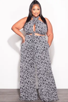 Ultimate Comfort Final Sale Plus Size 2pc Halter Bra Tie Top and Pants Set in Black & White Print