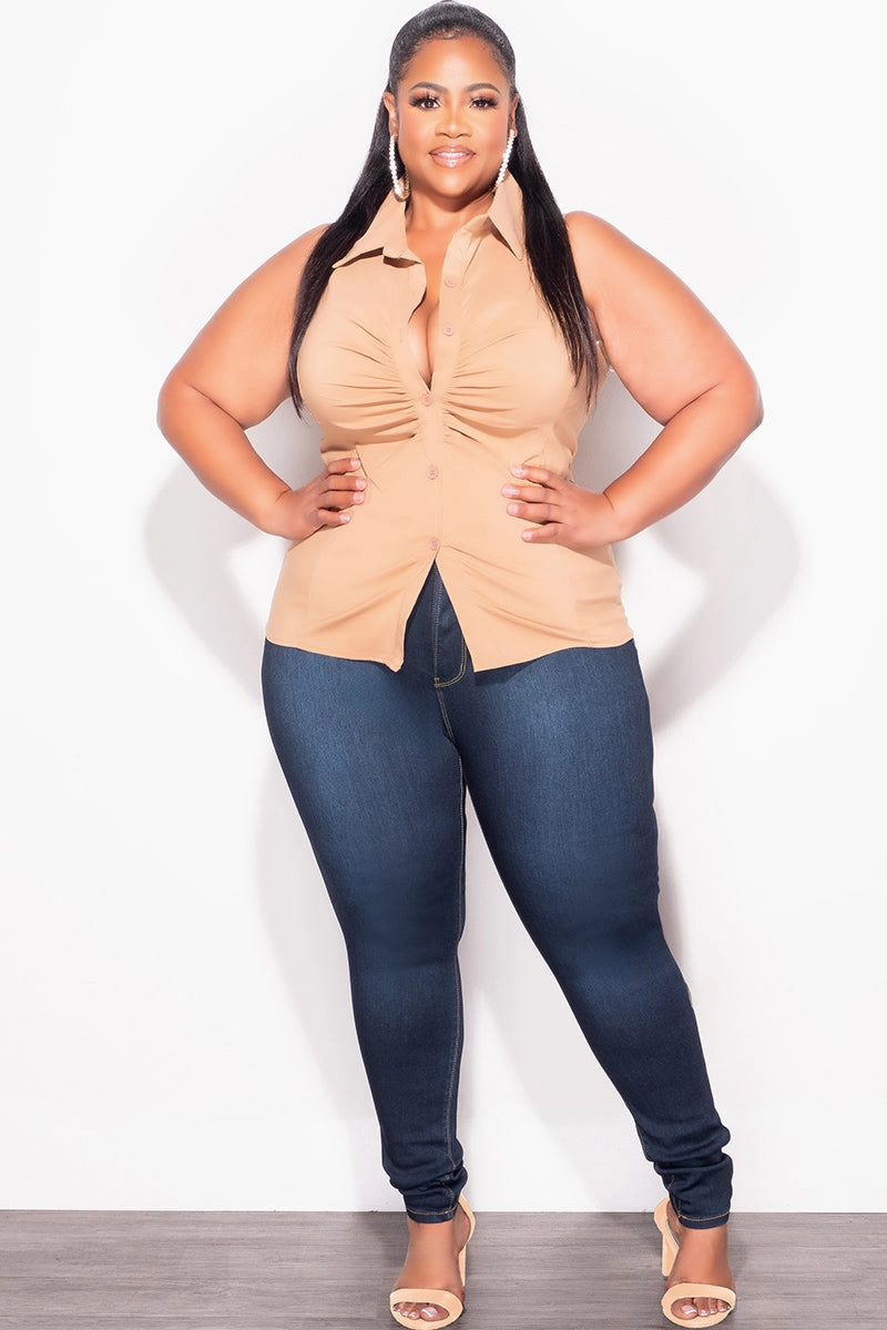 Tapered Look Durable Construction Final Sale Plus Size Sleeveless Collar Button Up Ruched Top in Cappuccino