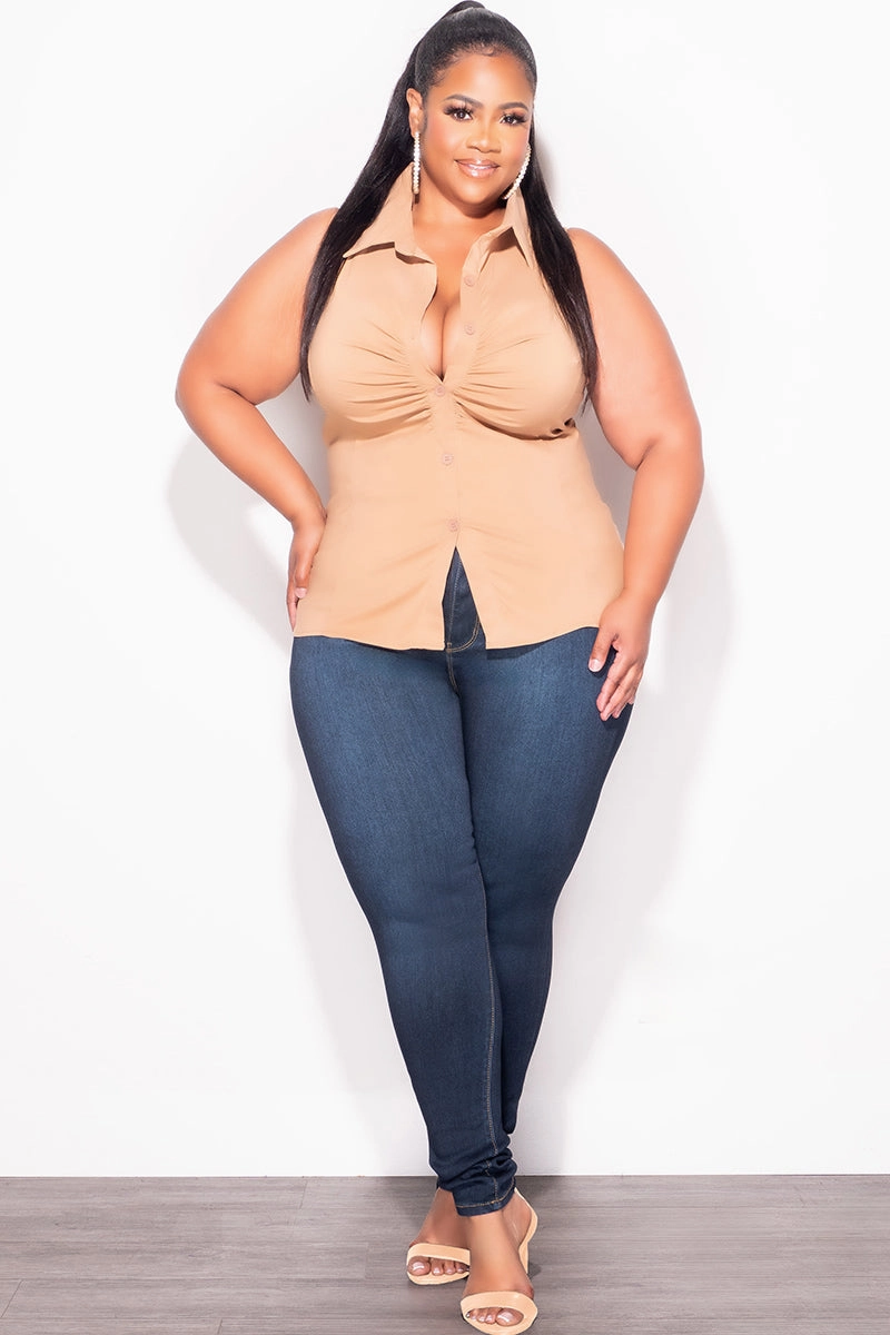 Final Sale Plus Size Sleeveless Collar Button Up Ruched Top in Cappuccino Timeless Design