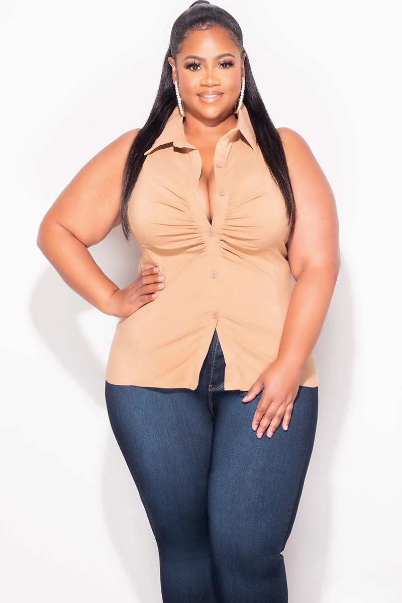 Final Sale Plus Size Sleeveless Collar Button Up Ruched Top in Cappuccino Full Coverage