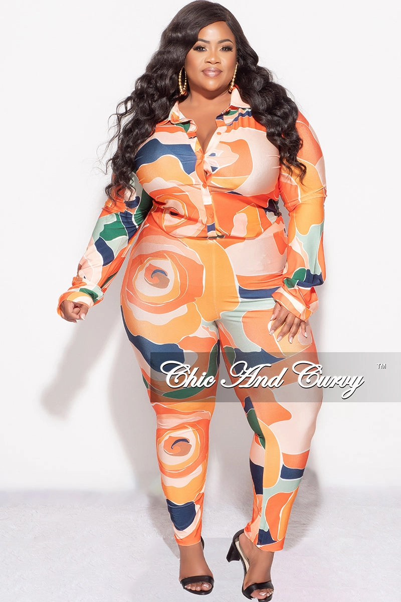 Layer-Friendly Flexible Waist Final Sale Plus Size 2pc Button Up Collar Top and Pants Set in Orange Multi Color Design Print