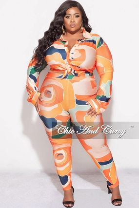 NoiseReducingFabric High Density Weave Final Sale Plus Size 2pc Button Up Collar Top and Pants Set in Orange Multi Color Design Print