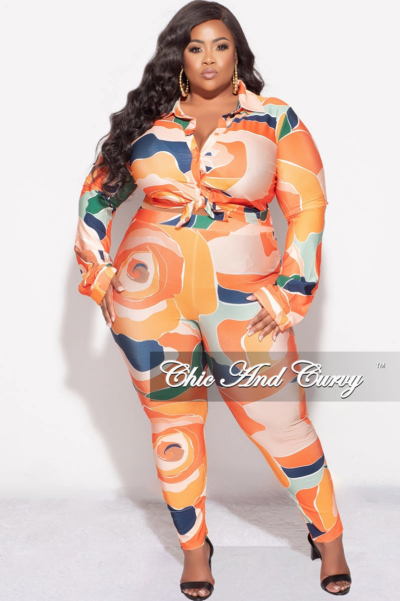 Core Basic Final Sale Plus Size 2pc Button Up Collar Top and Pants Set in Orange Multi Color Design Print