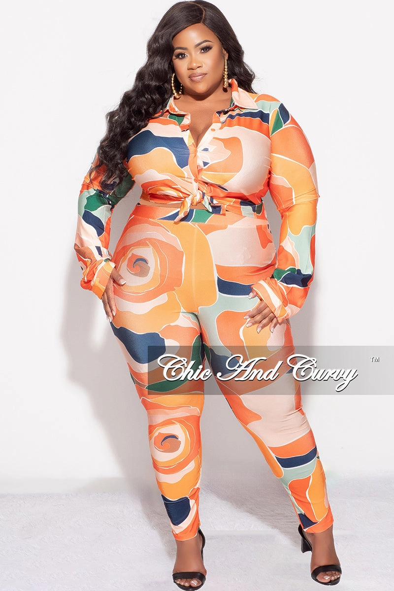 Light wash Soft and Light Final Sale Plus Size 2pc Button Up Collar Top and Pants Set in Orange Multi Color Design Print