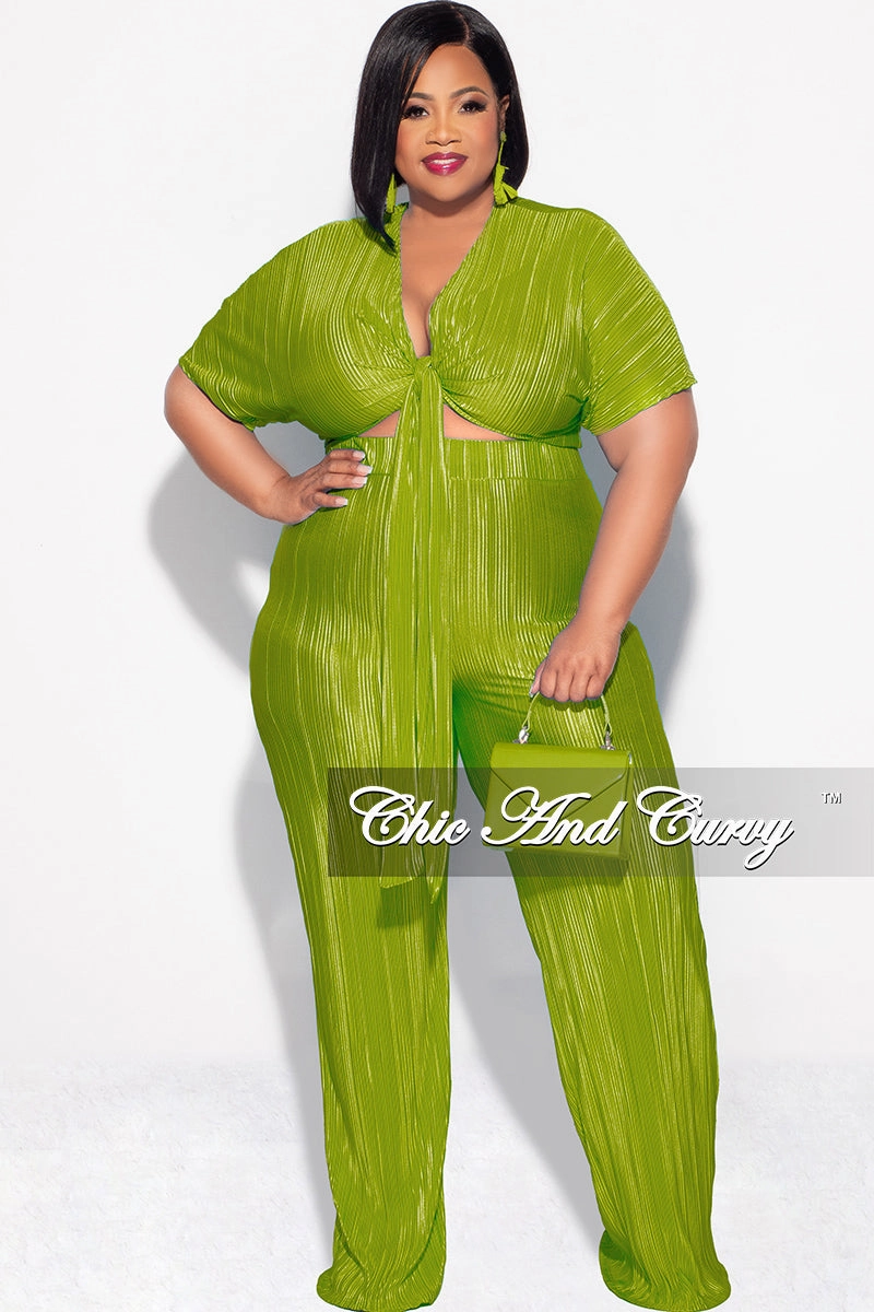 Stylish Wear Final Sale Plus Size 2pc Pleated Top and Pants Set in Olive