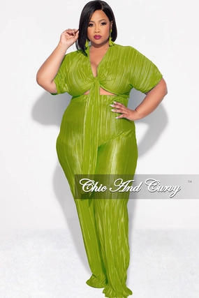 Final Sale Plus Size 2pc Pleated Top and Pants Set in Olive Comfort Base Durable Utility