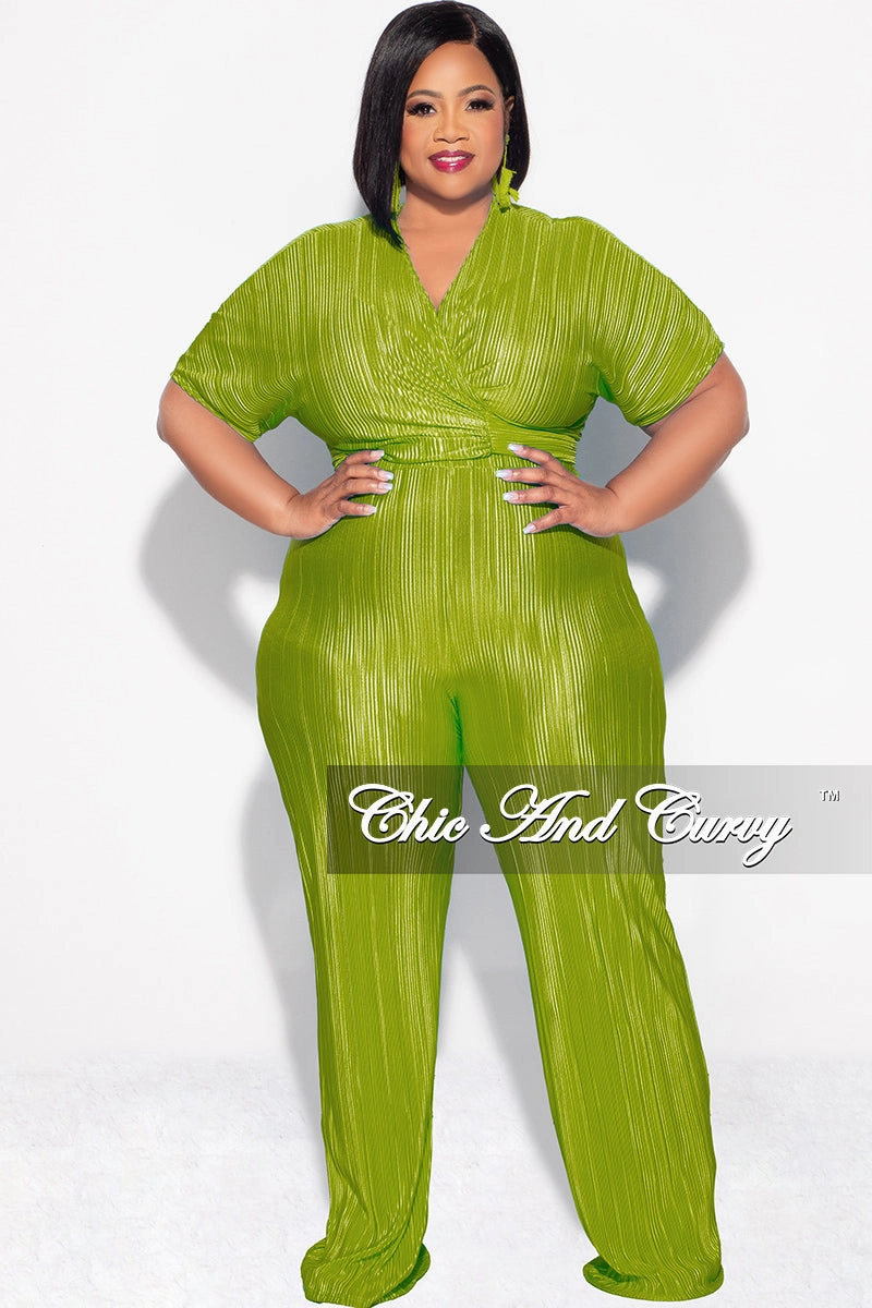 Final Sale Plus Size 2pc Pleated Top and Pants Set in Olive StainResistantCoating