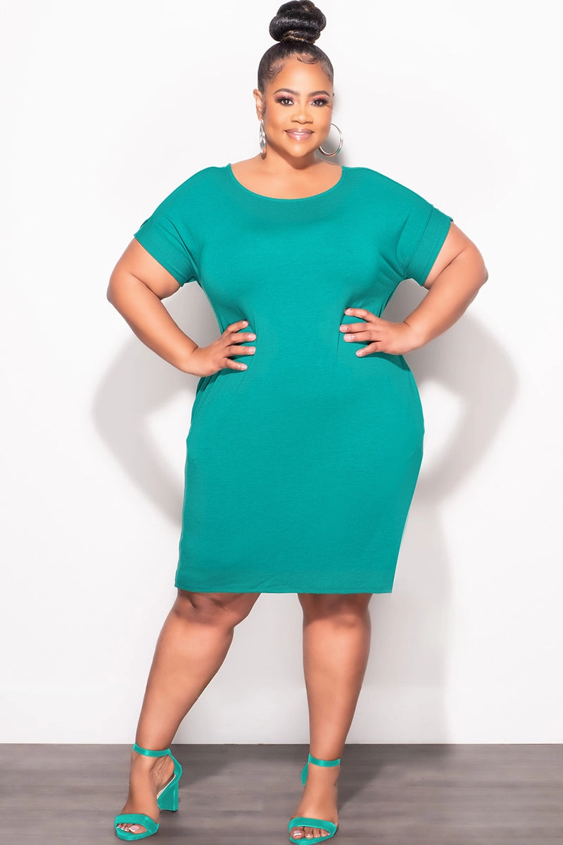 Minimal Design Final Sale Plus Size Rolled Sleeve Dress in Green