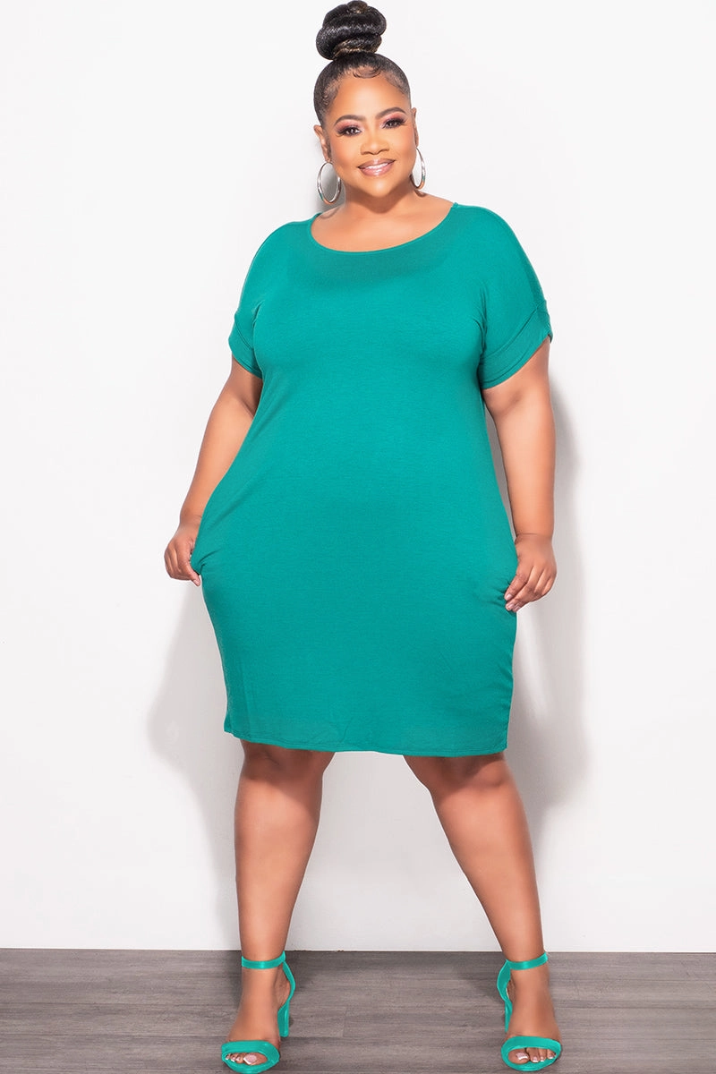 Final Sale Plus Size Rolled Sleeve Dress in Green SustainableManufacturing Perfect Stretch