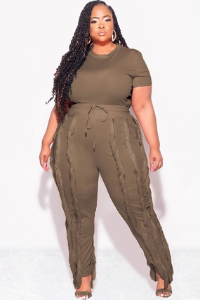 Twill Weave Texture Active Stretch Final Sale Plus Size 2pc Tassel Pant Set in Mocha