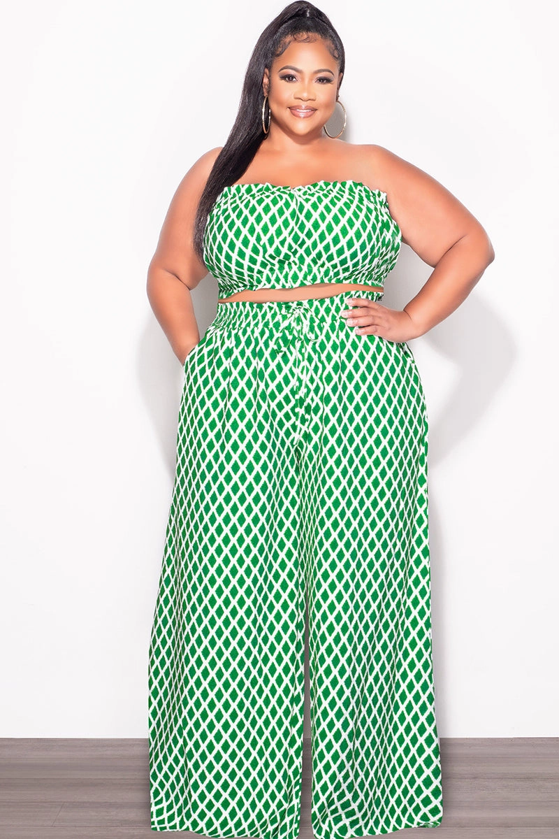 windproof Final Sale Plus Size 2pc Strapless Crop Top and Flare Pants Set In Green & White Print
