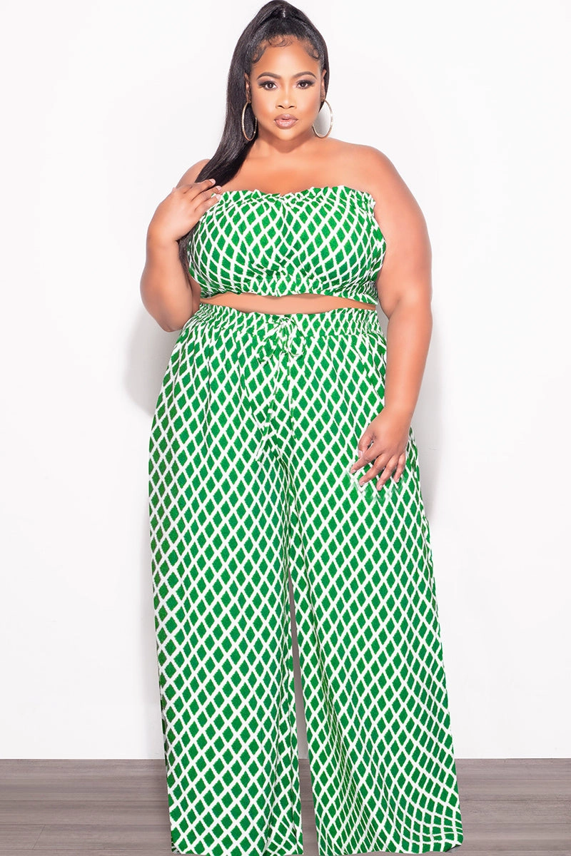 AbrasionResistantPanels All Occasion Final Sale Plus Size 2pc Strapless Crop Top and Flare Pants Set In Green & White Print
