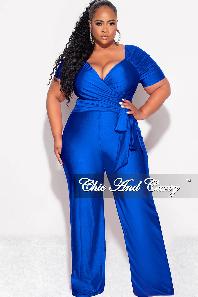 Final Sale Plus Size Shiny Jumpsuit with Ruched Sleeves in Royal Blue hypoallergenic material SweatAbsorbent