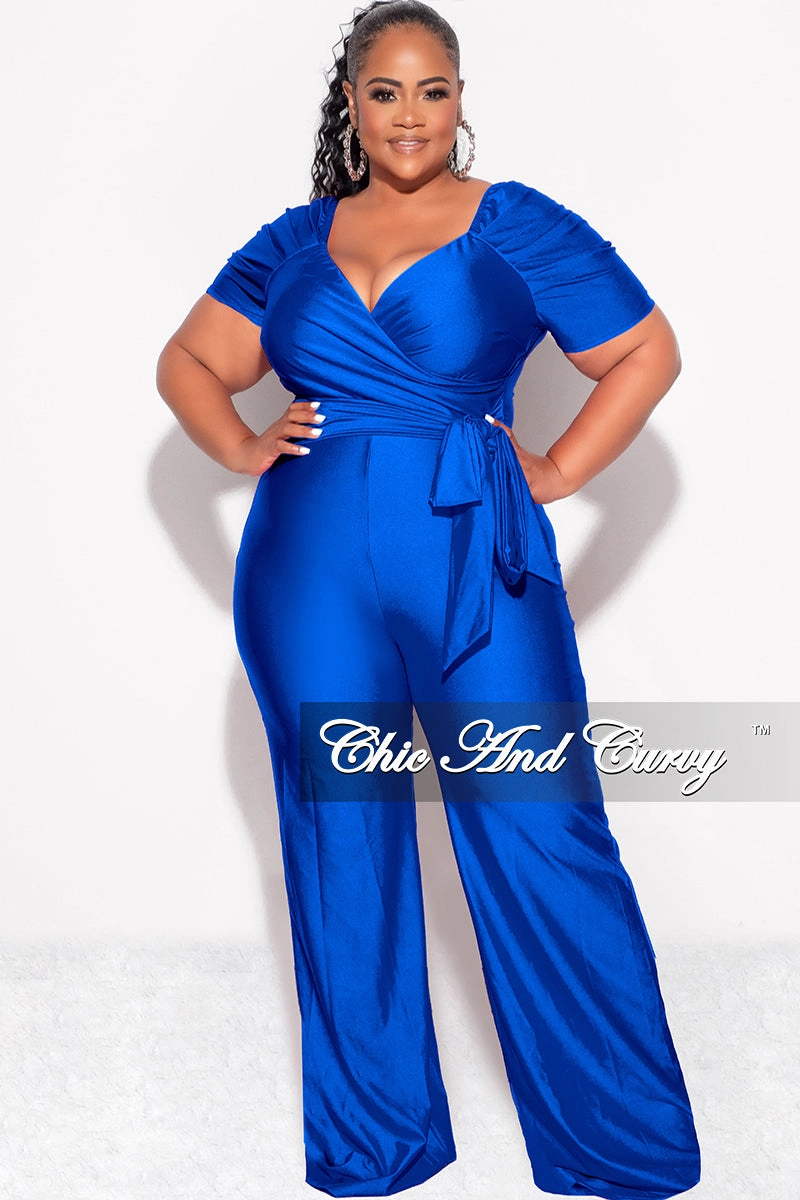 Final Sale Plus Size Shiny Jumpsuit with Ruched Sleeves in Royal Blue EcoDyeProcess