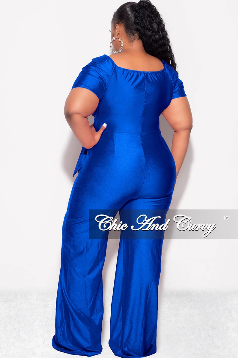 Odor Resistant Final Sale Plus Size Shiny Jumpsuit with Ruched Sleeves in Royal Blue