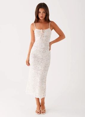 Layered-Sleeve Postcards Lace Midi Dress - Ivory