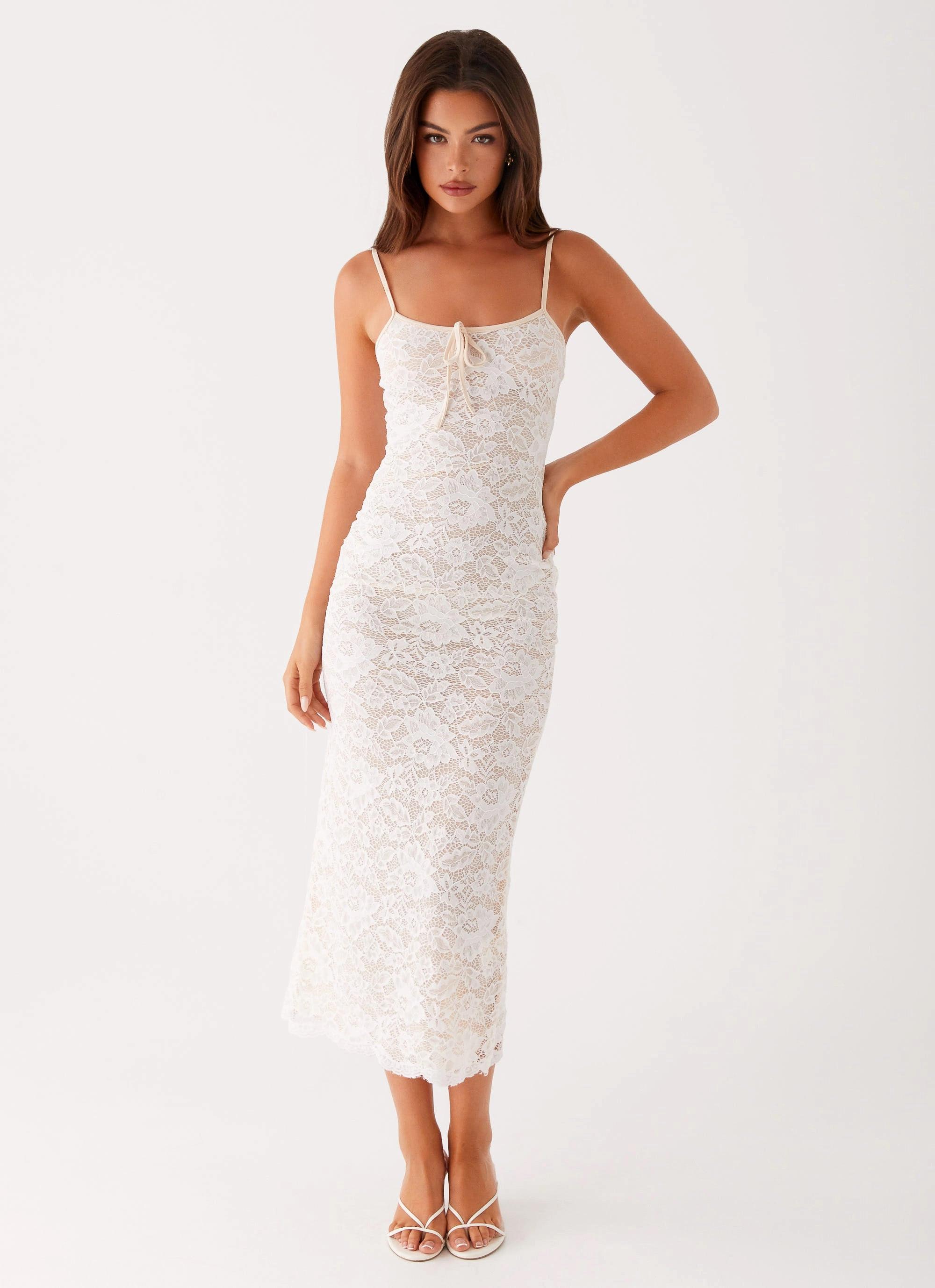 Layered-Sleeve Postcards Lace Midi Dress - Ivory