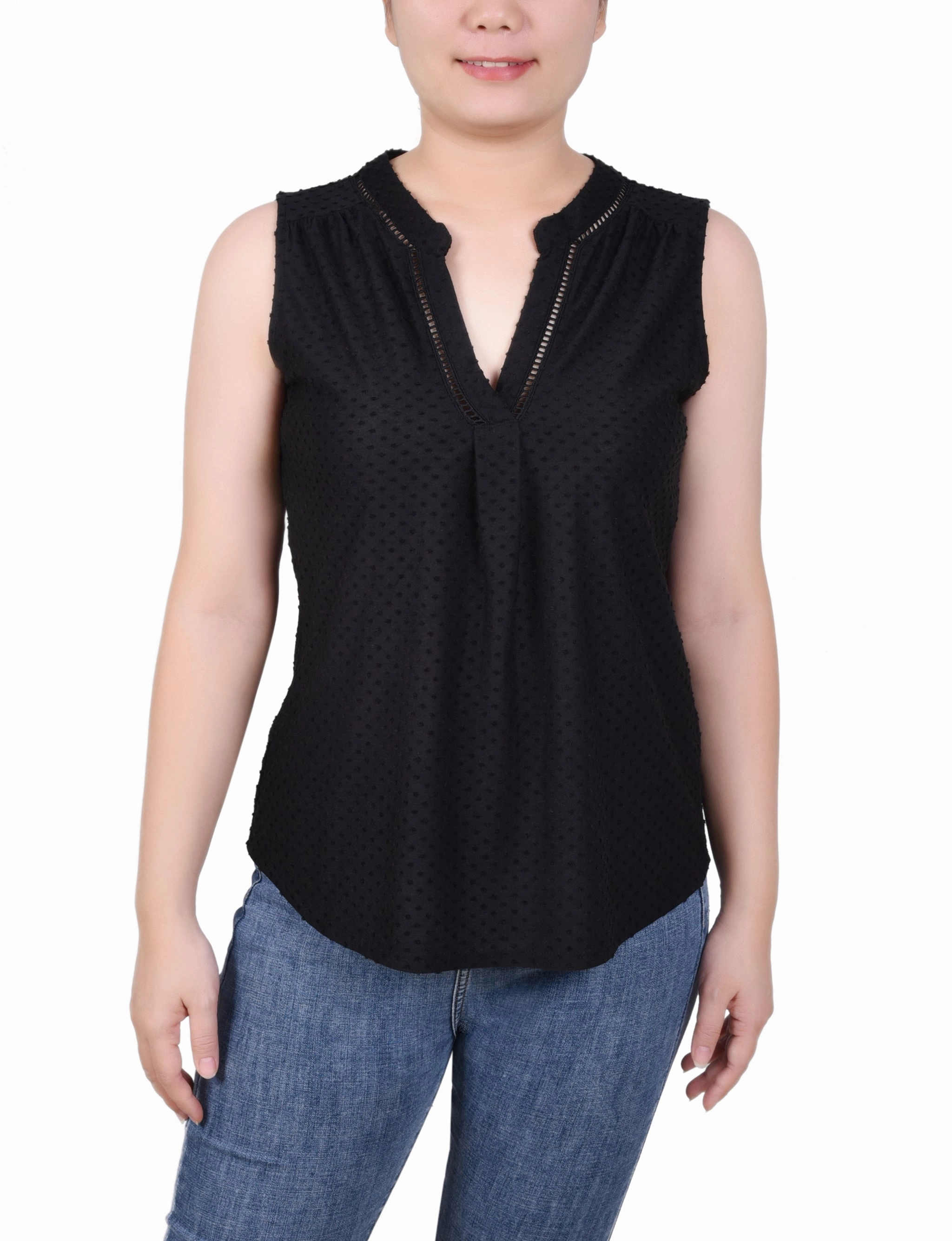 Non Chafing Side Seams Petite Sleeveless Swiss Dot Top