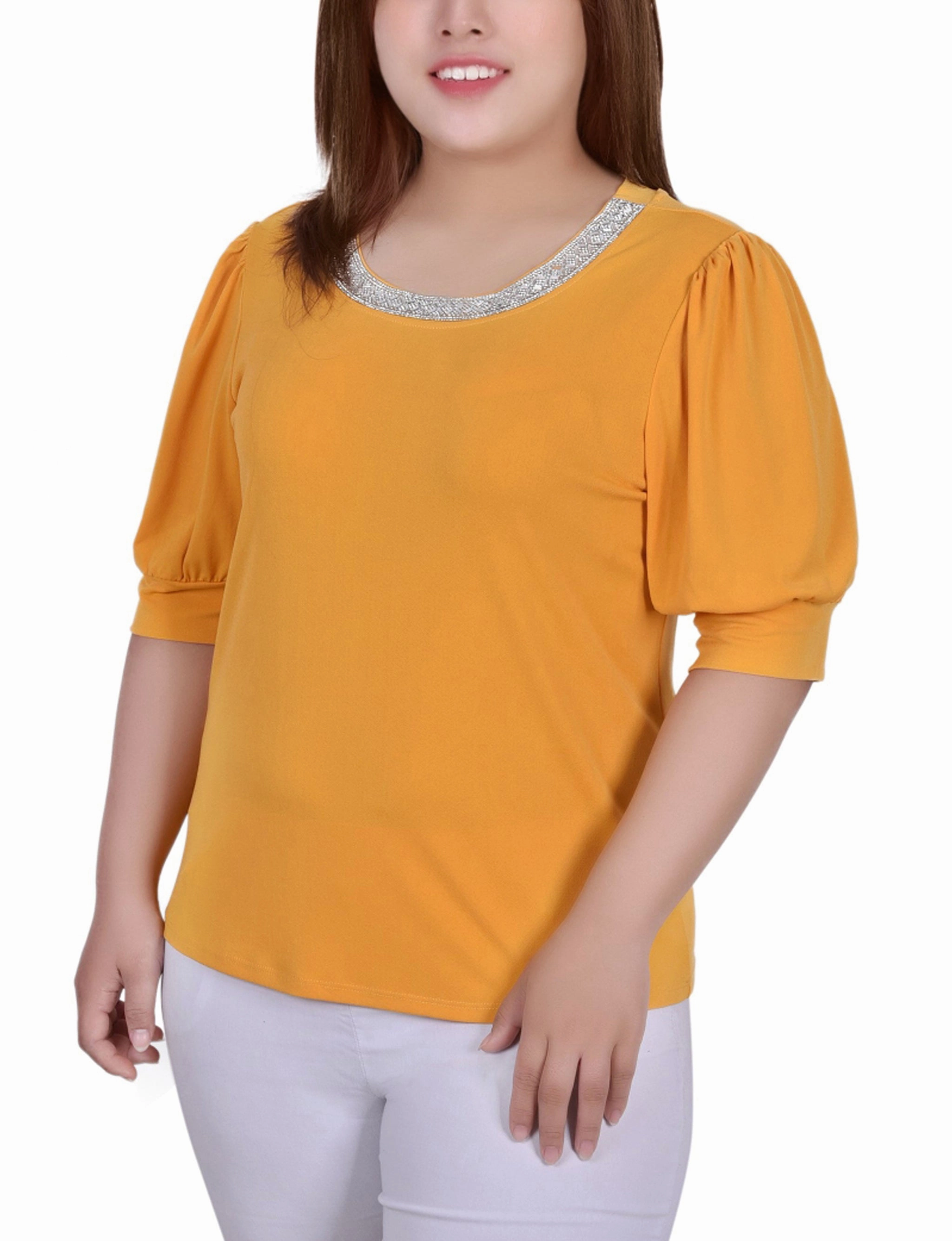 AthleisureCompatible retro look Plus Size Short Beaded Puff Sleeve Top