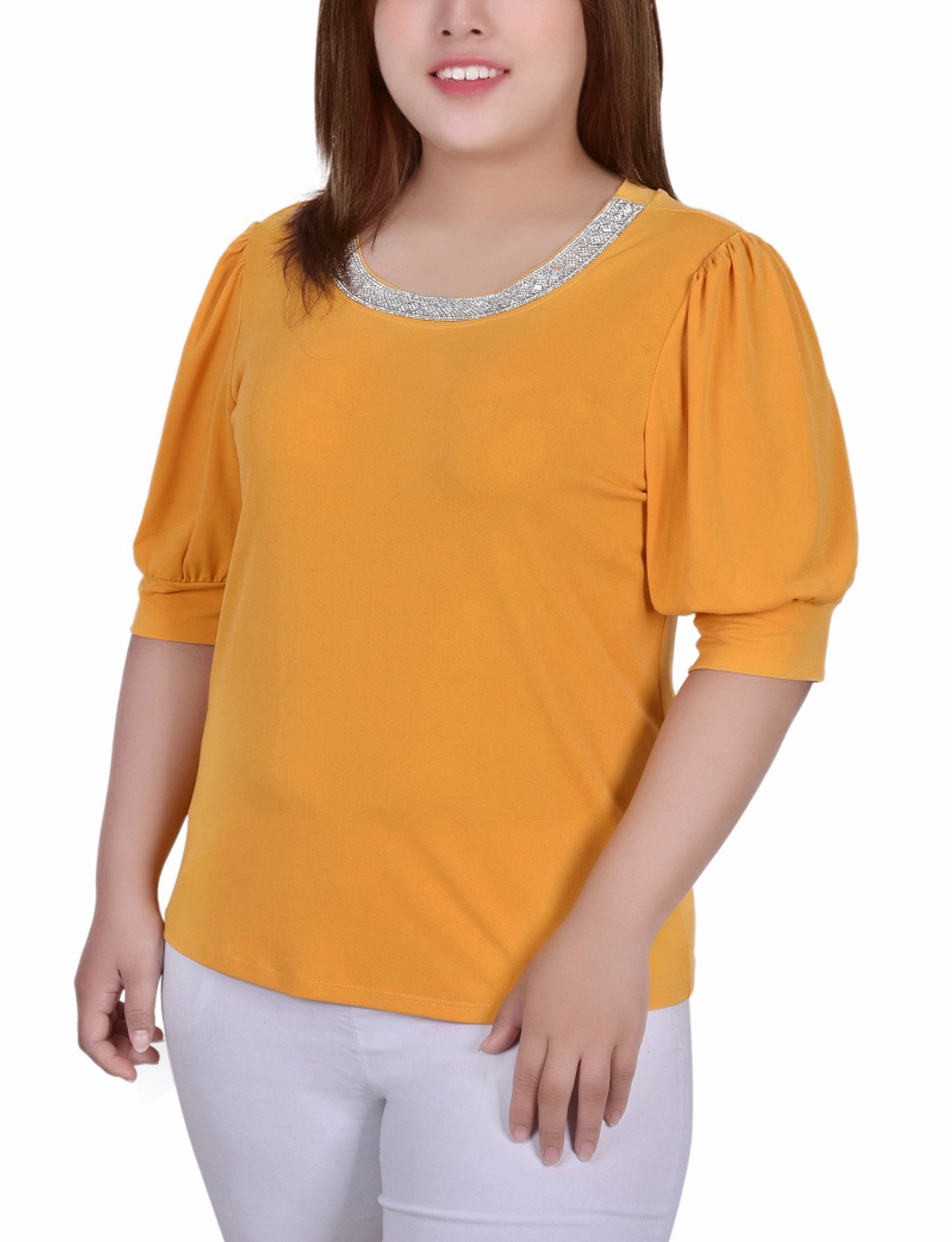 Plus Size Short Beaded Puff Sleeve Top NonRestrictive Armholes