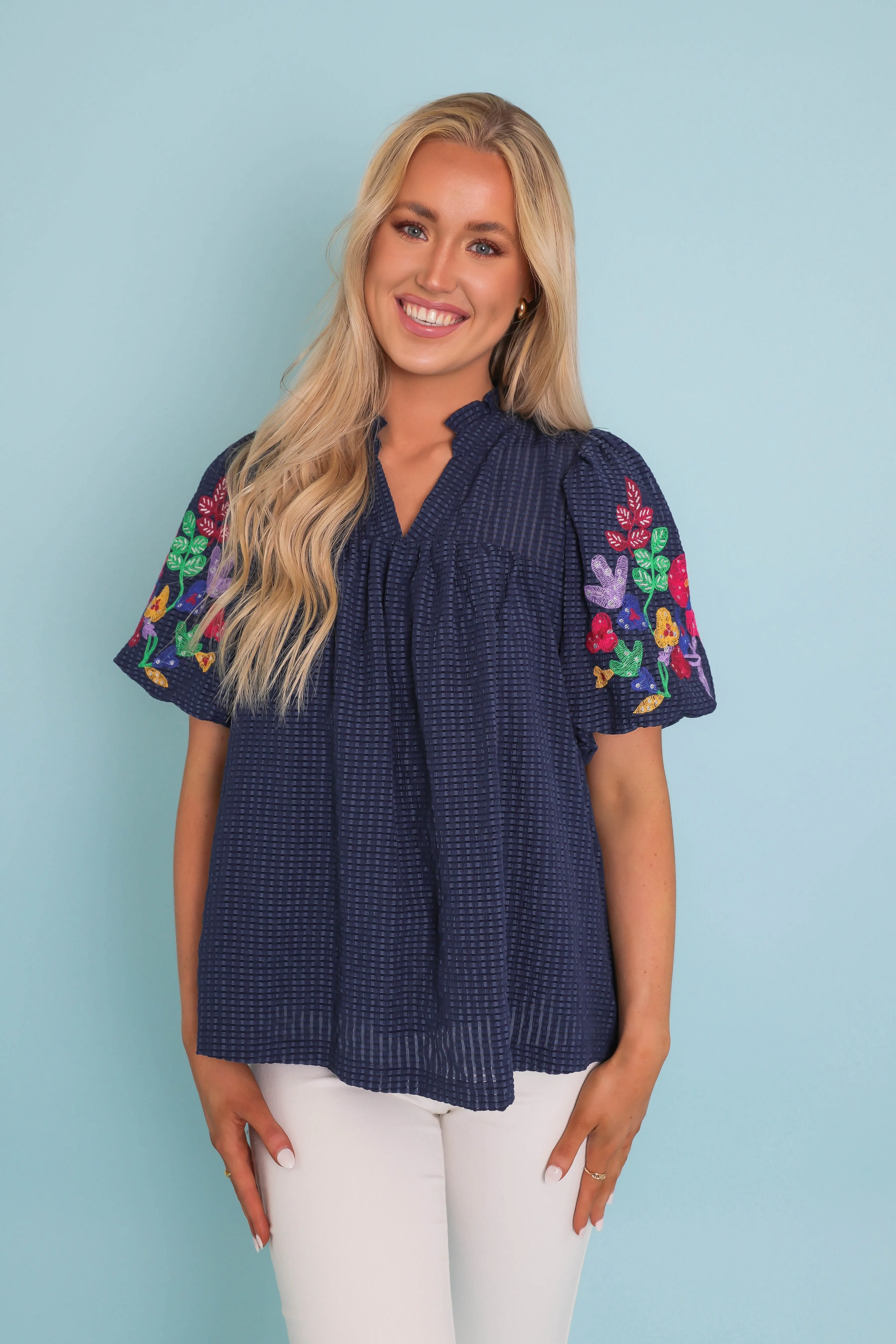 RESTOCK: Blossoming Into More Blouse-Navy SheerLayering Button Down Collar