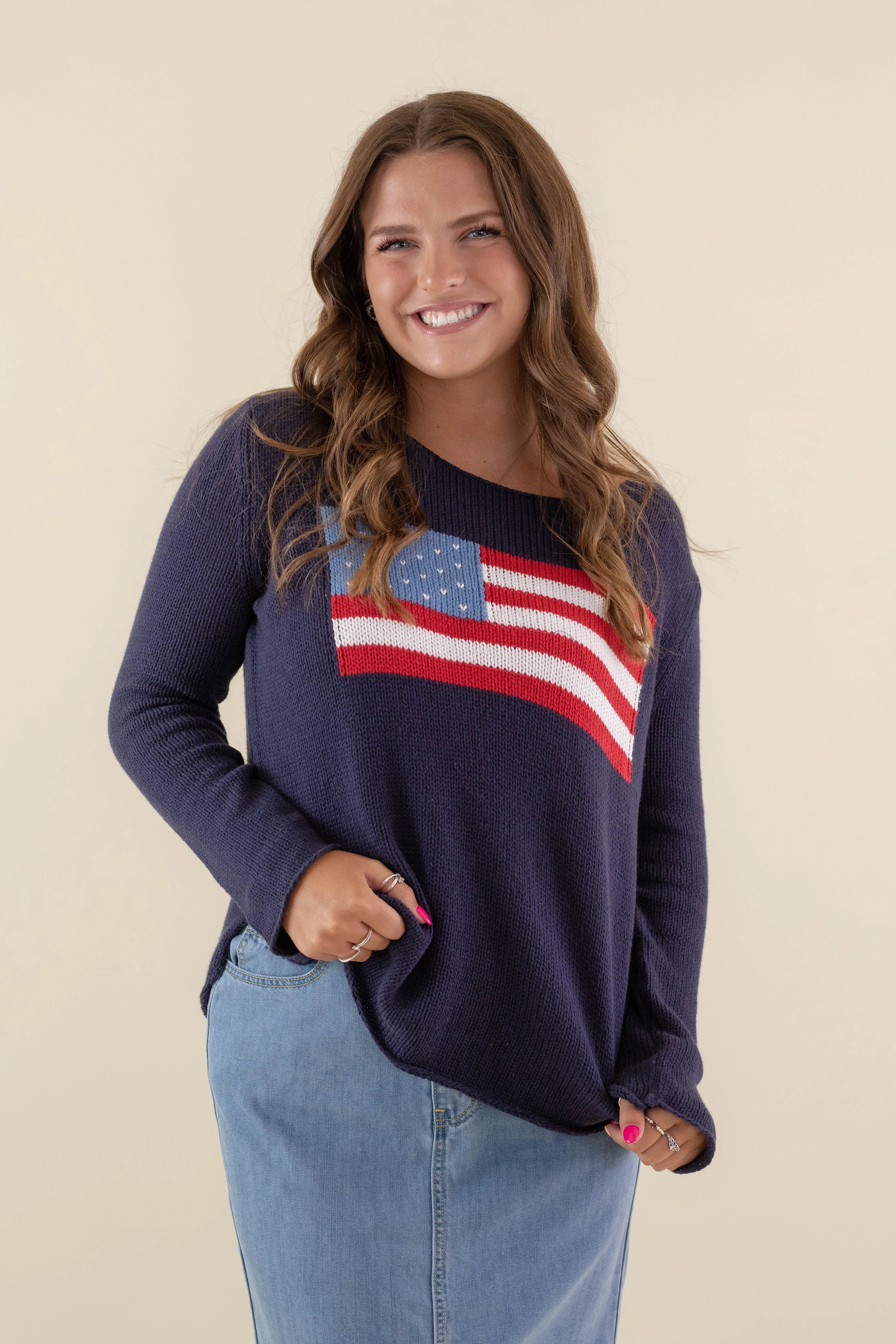 Drop Shoulder Design Self Fabric Tie RESTOCK: Feeling Patriotic Sweater-Navy