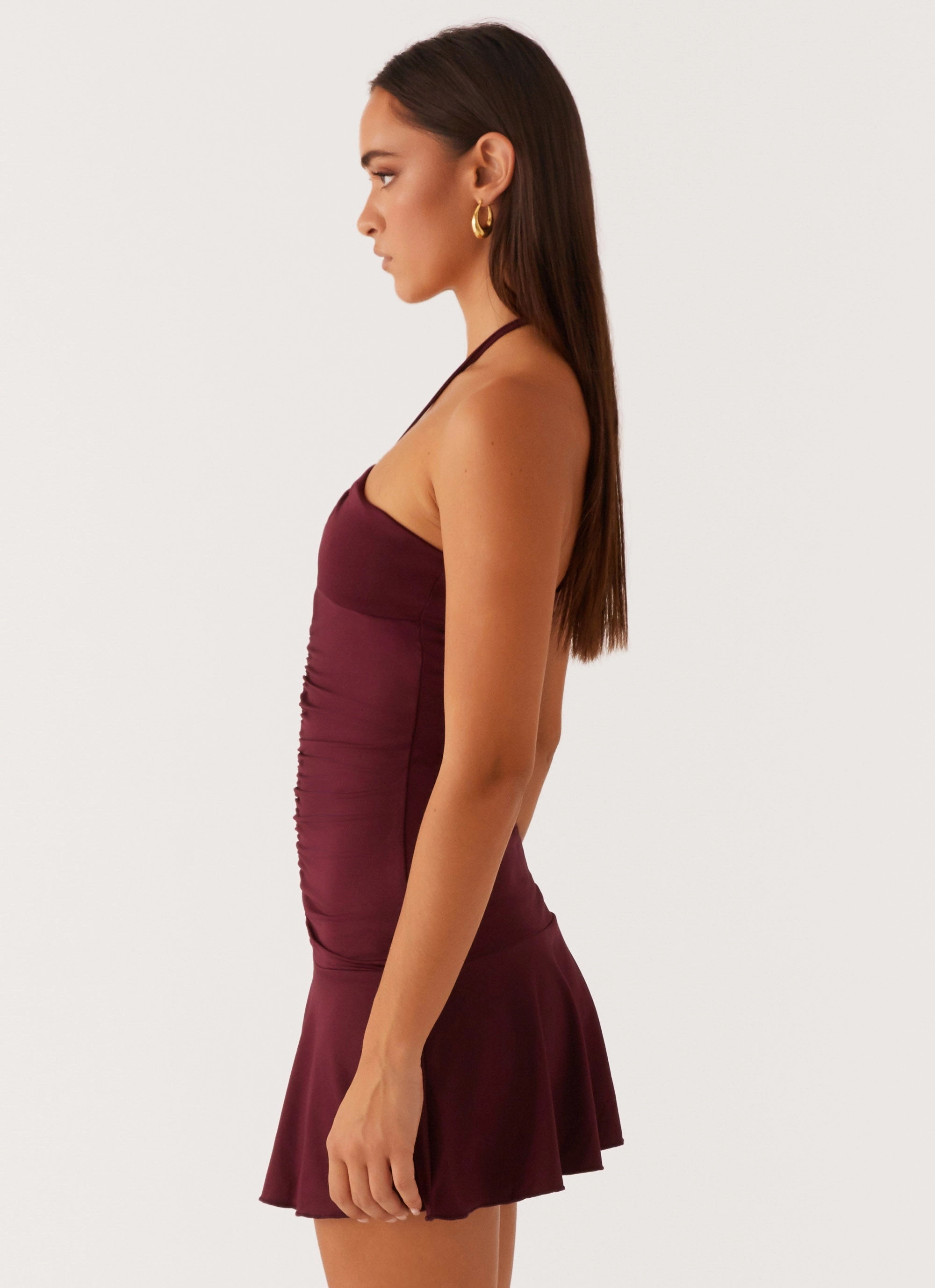 Katrina Halterneck Mini Dress - Deep Maroon Linen-Blend