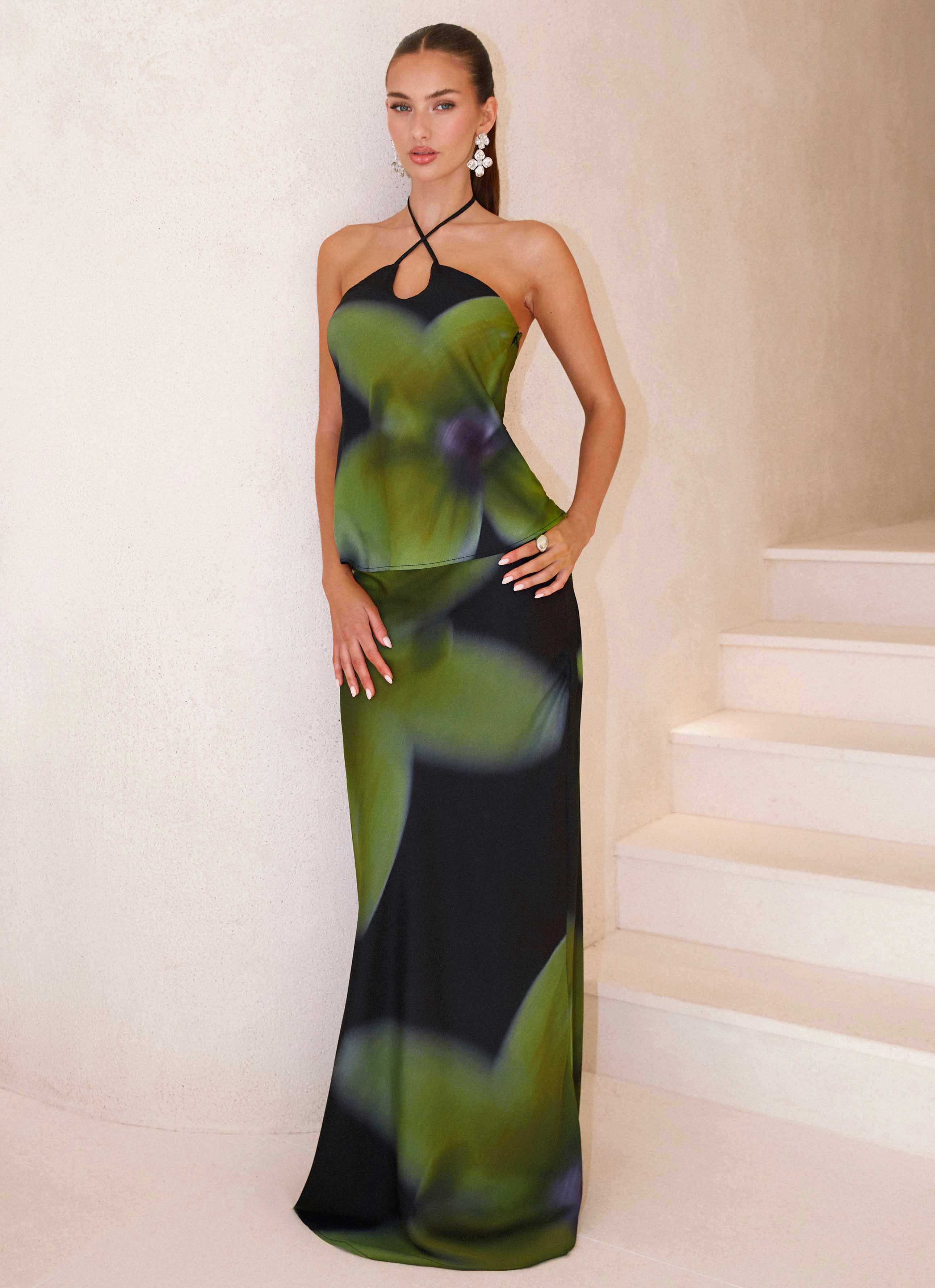 Rosetta Maxi Skirt - Lime Flower Leather Look