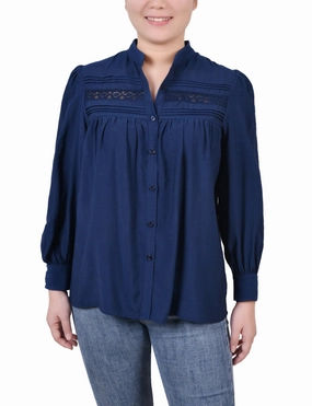 Petite Long Sleeve Crochet Blouse Basic Long Sleeve Sporty Style