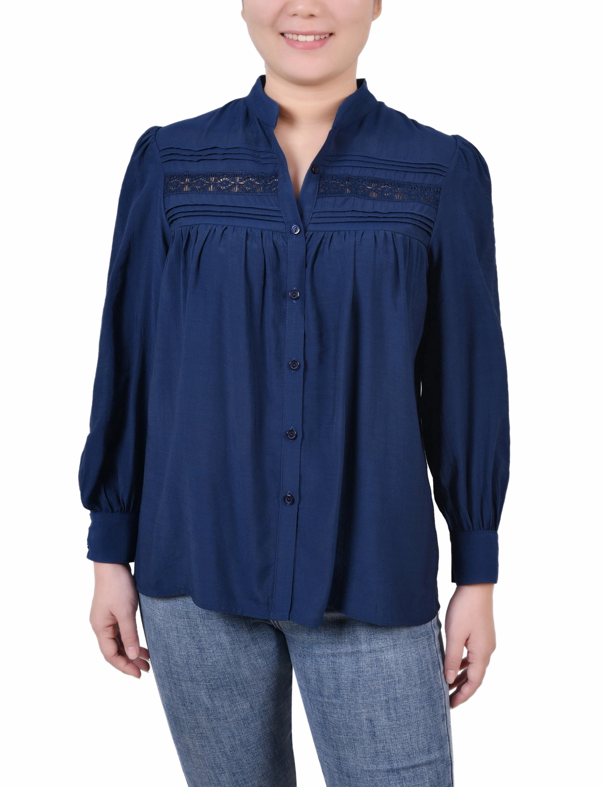 Petite Long Sleeve Crochet Blouse Wrinkle Resistant Weave Versatile Layering Piece