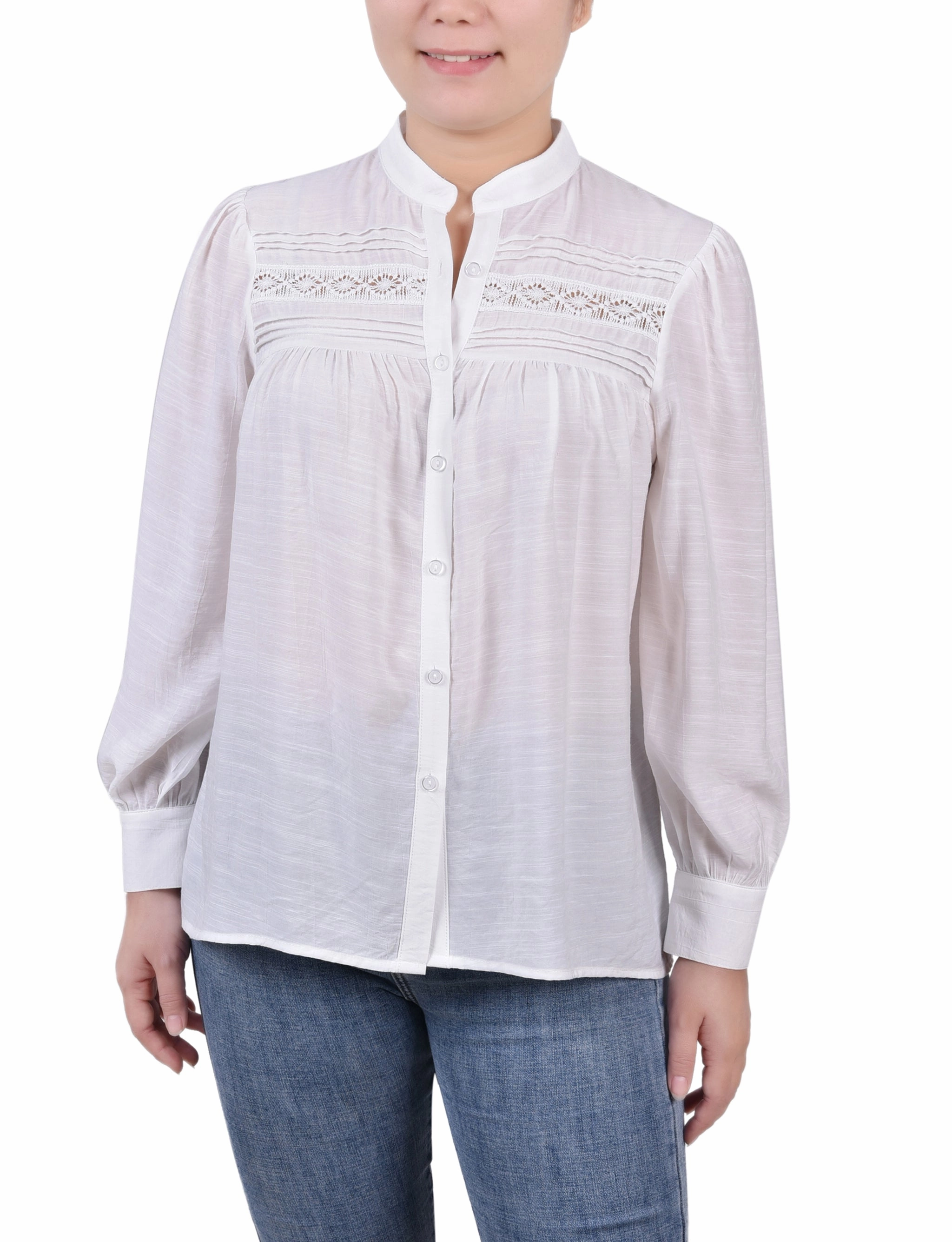 Petite Long Sleeve Crochet Blouse Cozy Sweater Foldable Cuff Design