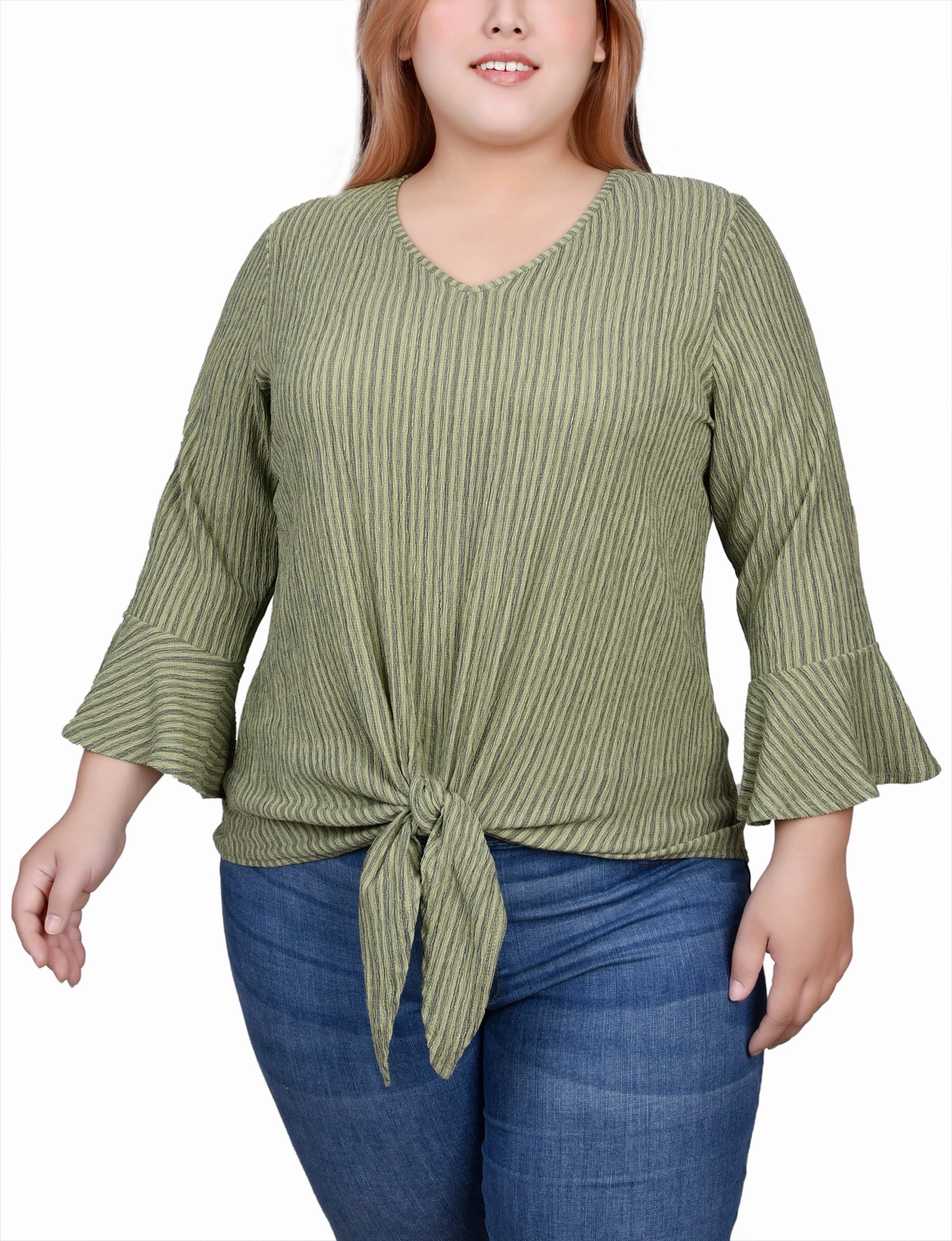 Plus Size 3/4 Bell Sleeve Textured Knit Top NoiseReduciting Zipper Yarn Dyed Fabric