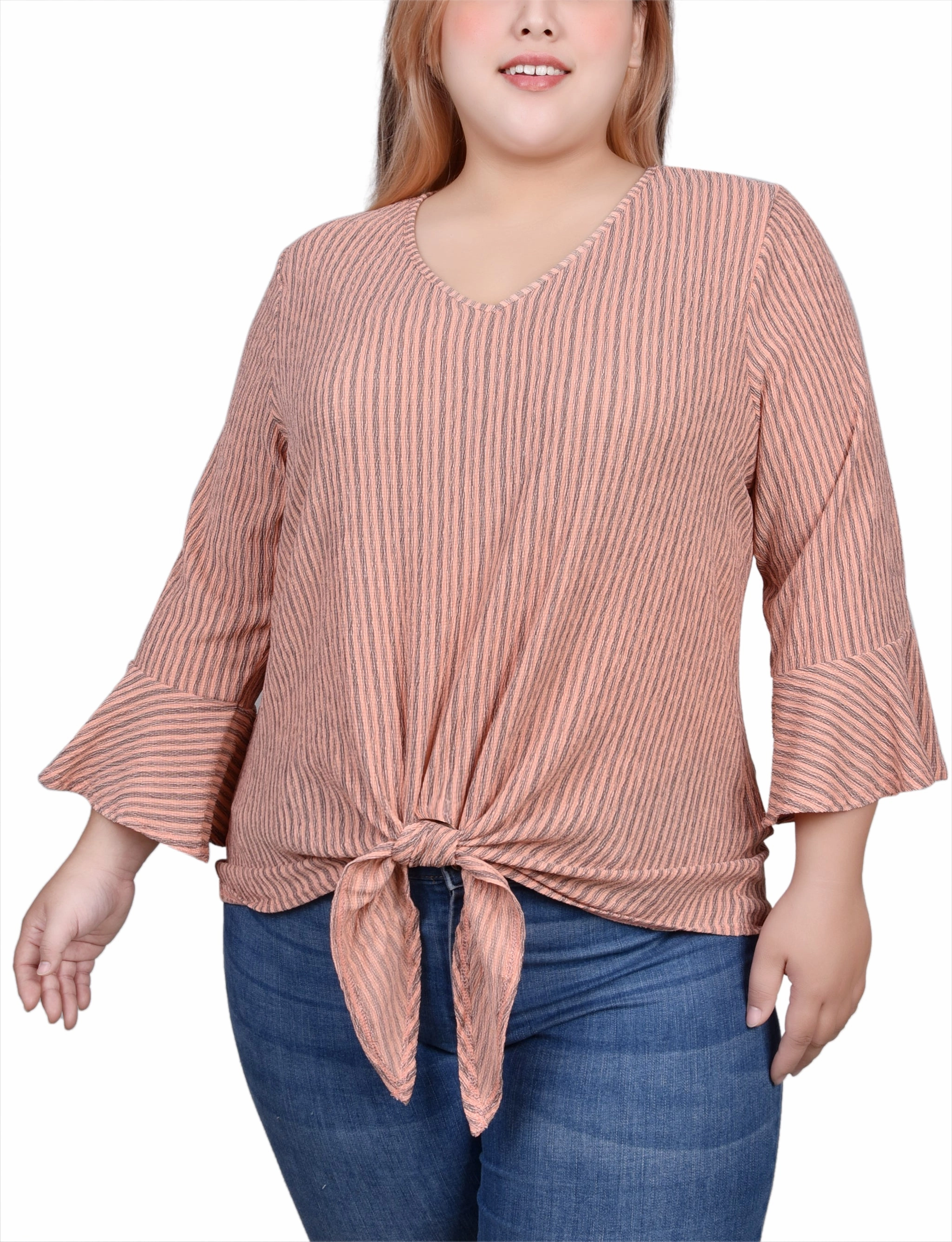 Plus Size 3/4 Bell Sleeve Textured Knit Top Sustainable Fabric Blend OdorControl