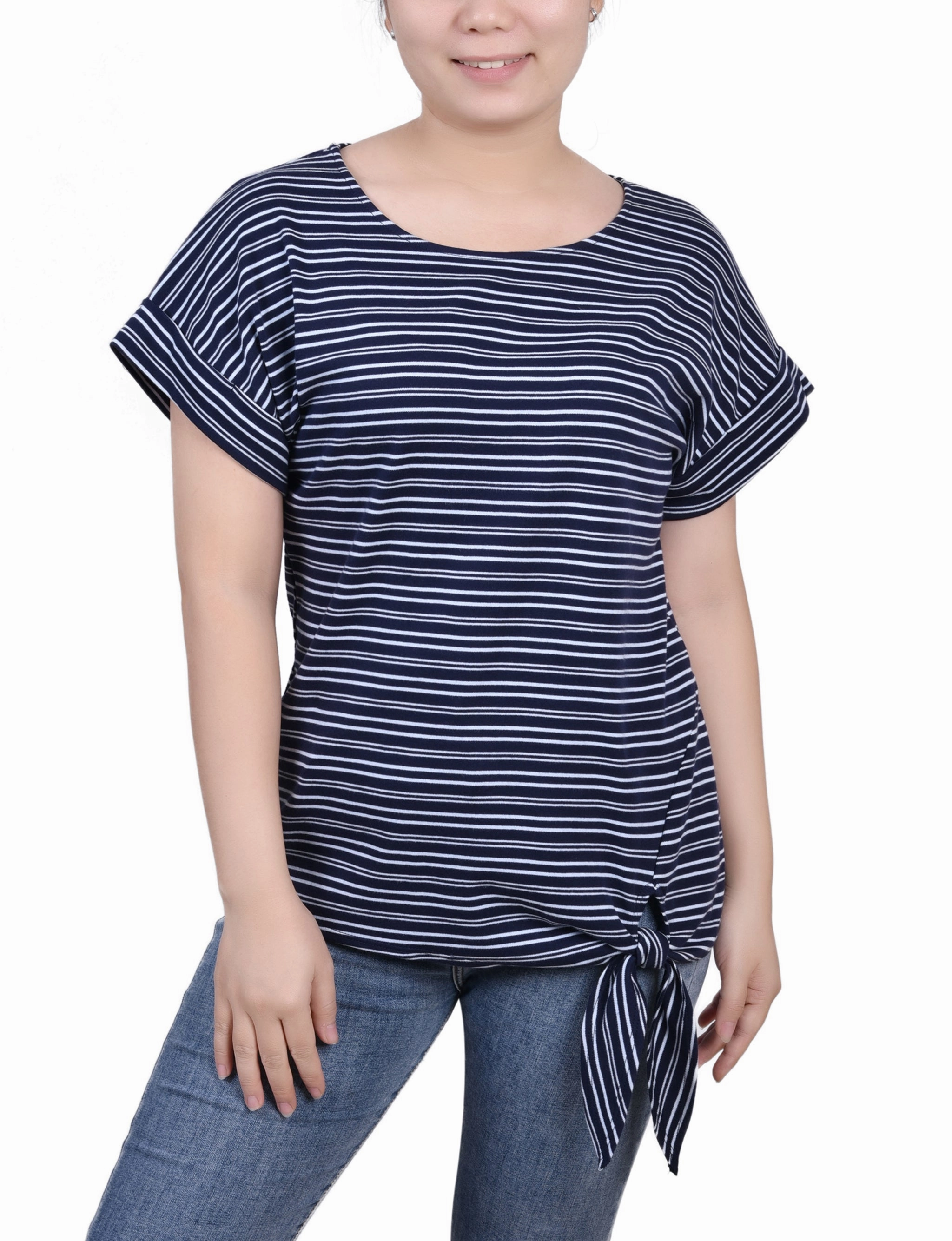 Short Sleeve Tie Front Top CrewNeck